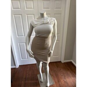Olivia Matthews Women’s Colorblock Sheath Dress SZ10Cream Beige Bow Neck Bodycon